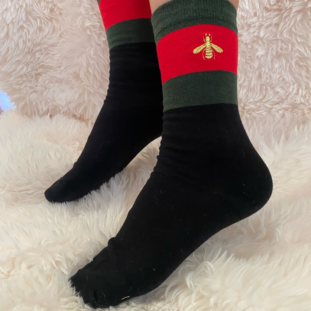 2 pairs of Bee patched striped fashion crew socks